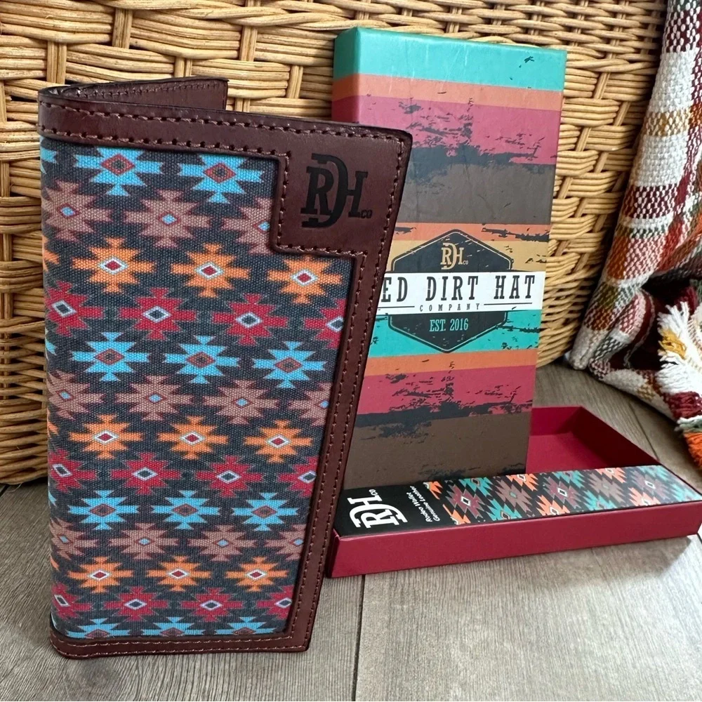 New Red Dirt Western Wallet Mens Rodeo Leather Southwestern Canvas Inlay Aztec